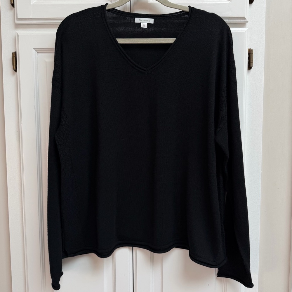 Garnet Hill 100% Merino Wool V-neck Sweater in Black Size XL